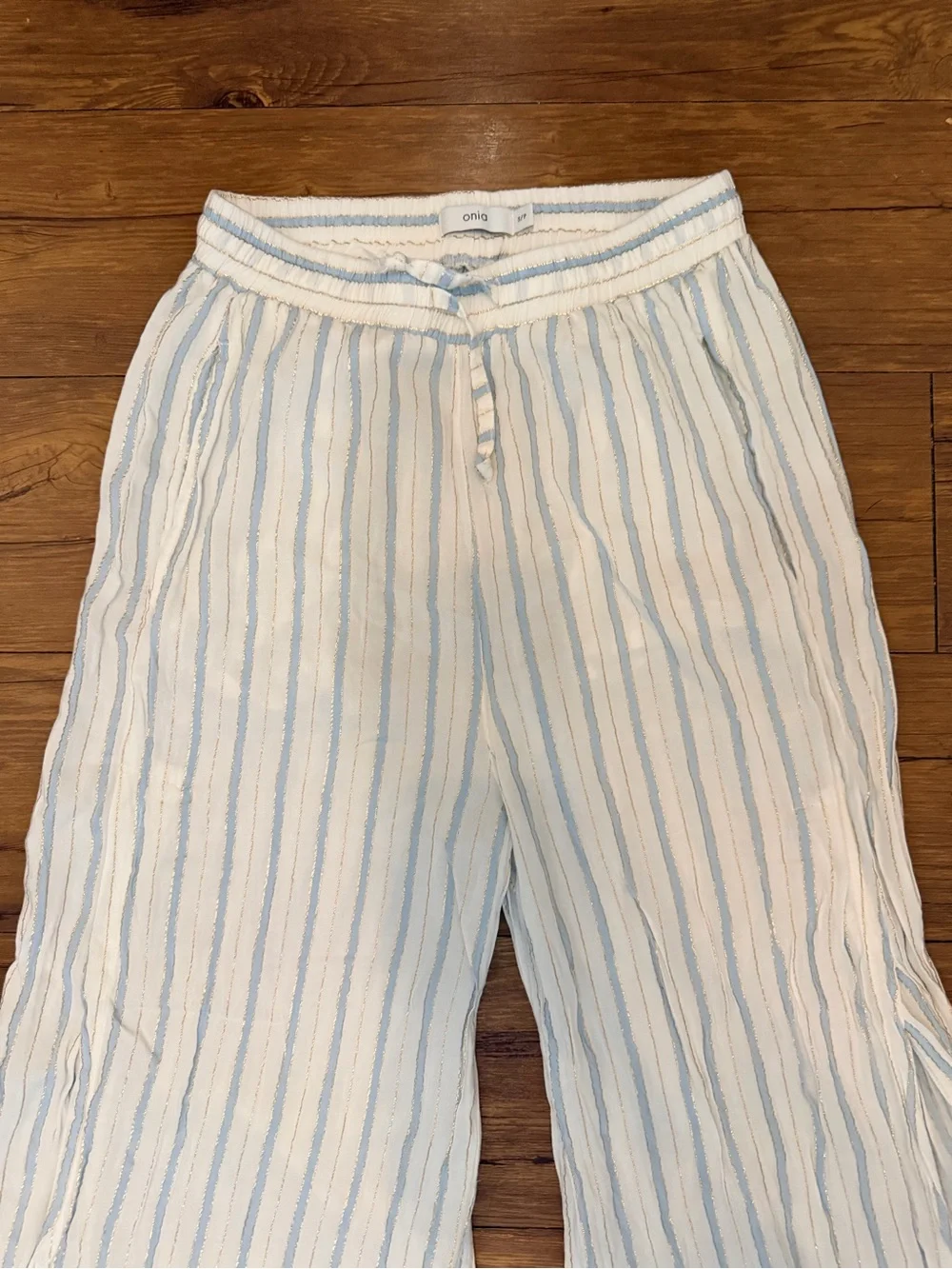 Onia Chloe Wide Leg Beach Pants Size Small Stripe Blue White High Slit Vacation